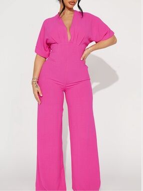 Fashionova Hot Pink V-Neck Wide-Leg Jumpsuit - Women's